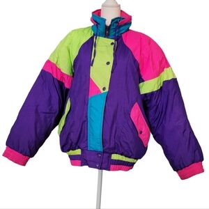Vintage 80s Jacket Neon Color Block Ski Puffer Coat Size Medium
